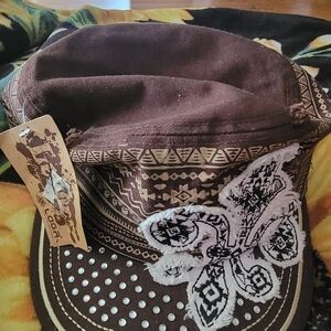 Brown Embroidered Floral Cadet Cap -